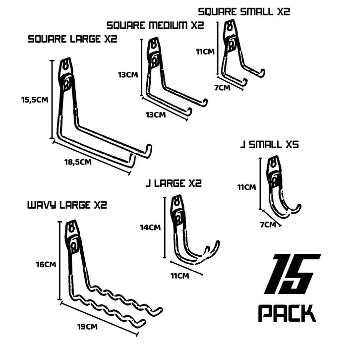 Set 15 ganci da garage per carichi pesanti, doppio braccio antiscivolo, dimensioni e forme diverse