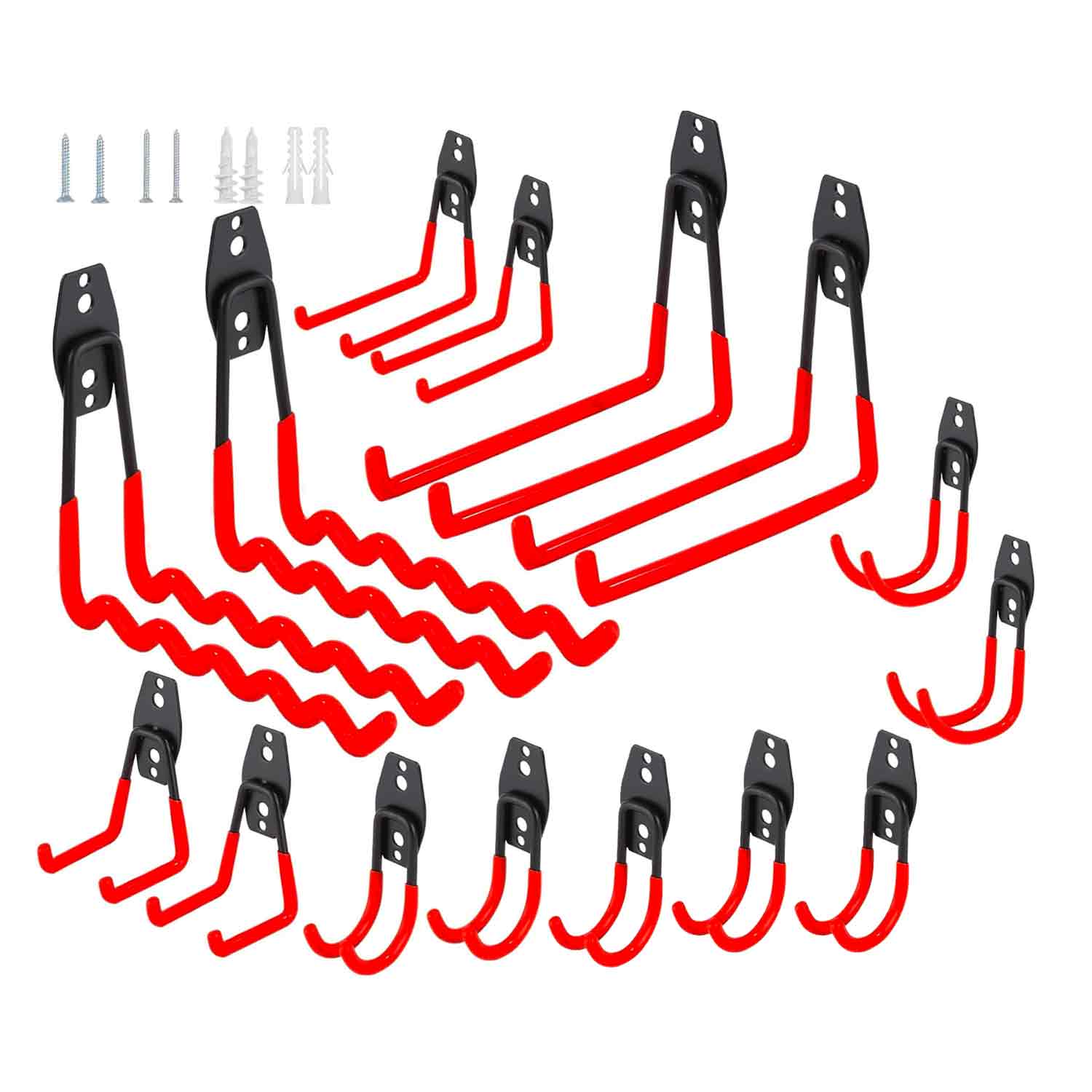 Set 15 ganci da garage per carichi pesanti, doppio braccio antiscivolo, dimensioni e forme diverse
