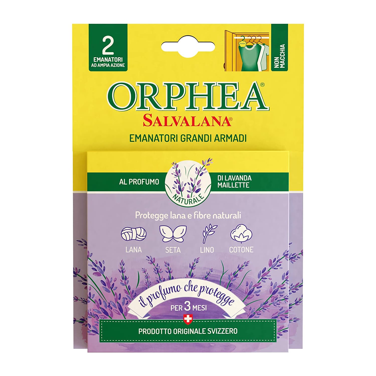 Emanatori Grandi Armadi, Protegge Lana e Vestiti, Agisce x 3 Mesi, 2 Diffusori, Lavanda Maillette,Orphea Salvalana