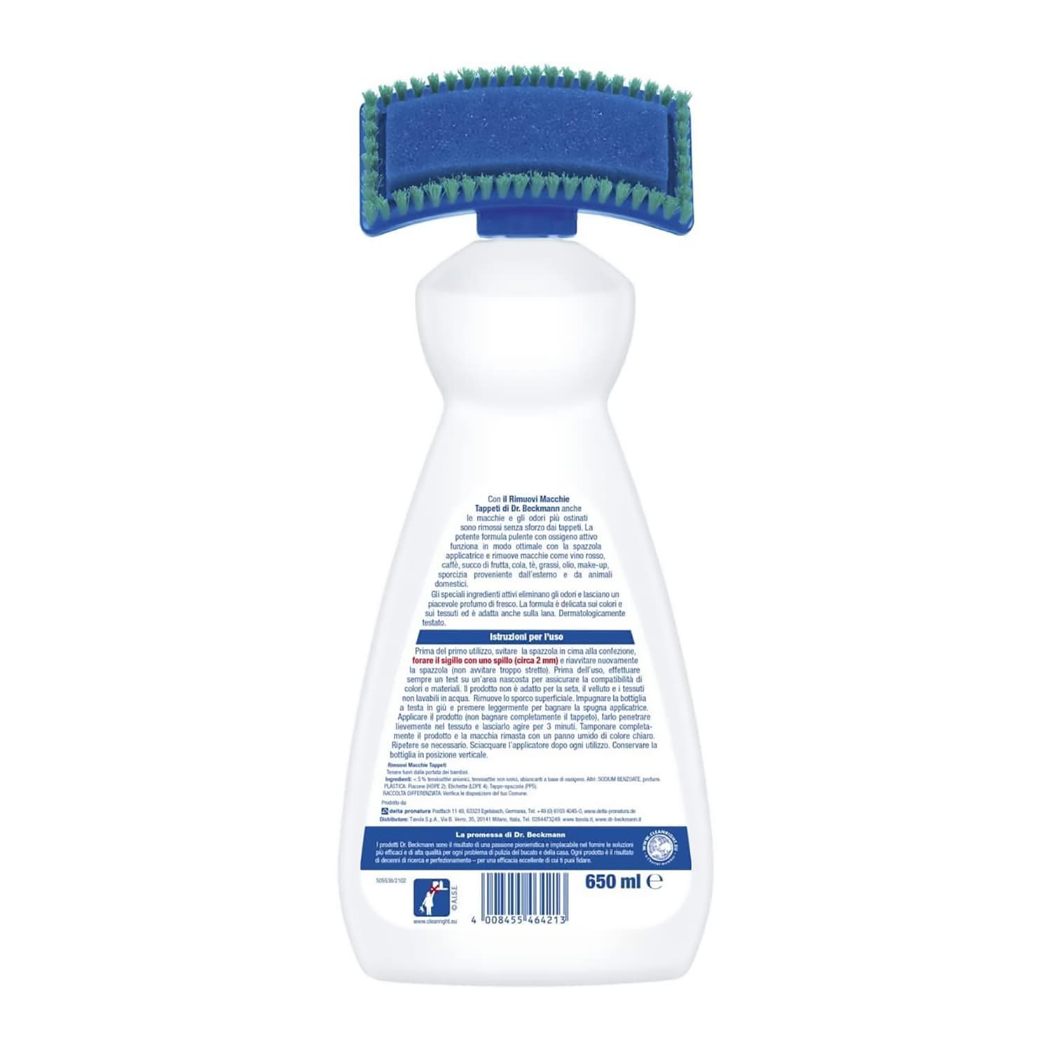 Smacchiatore Rimuovi Macchie per Tappeti, Rimuove gli Odori con Spazzola Applicatrice, 650ml, Dr. Beckmann