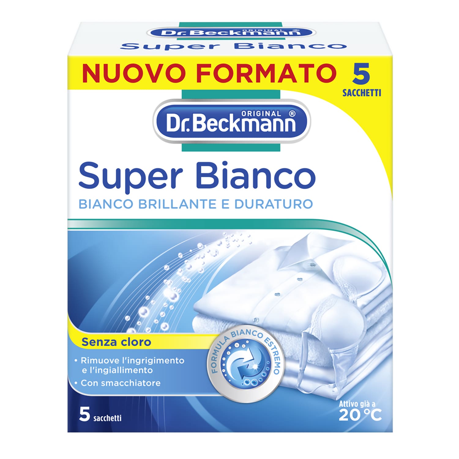Super Bianco, Rimuove l'Ingrigimento, l'Ingiallimento e Rende la Biancheria Bianca più Bianca, 5x40g, Dr. Beckmann