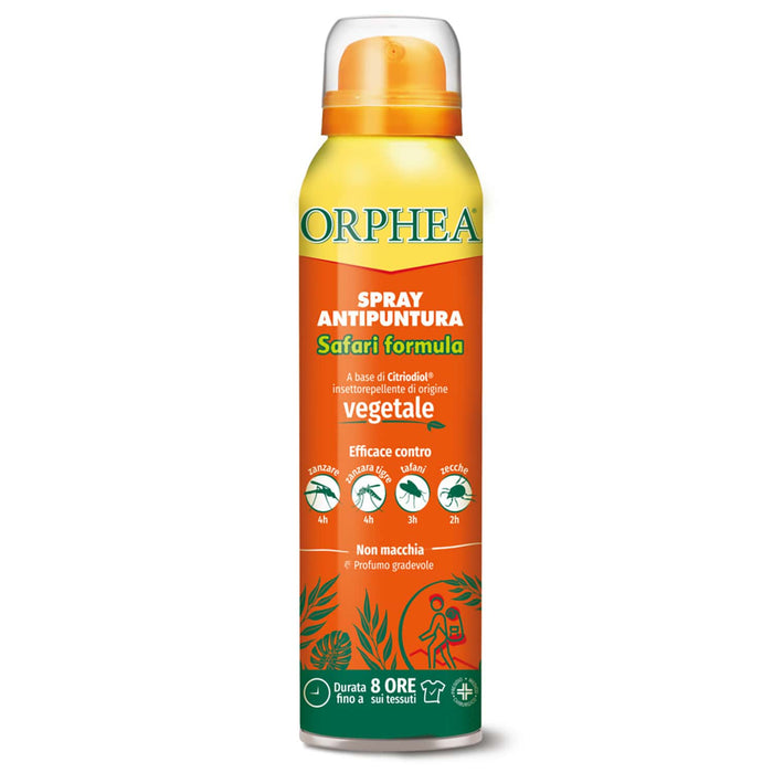Antipuntura Spray Safari, Origine Vegetale, Non macchia, Profumo Gradevole, Durata fino a 8 ore, 100ml, Orphea