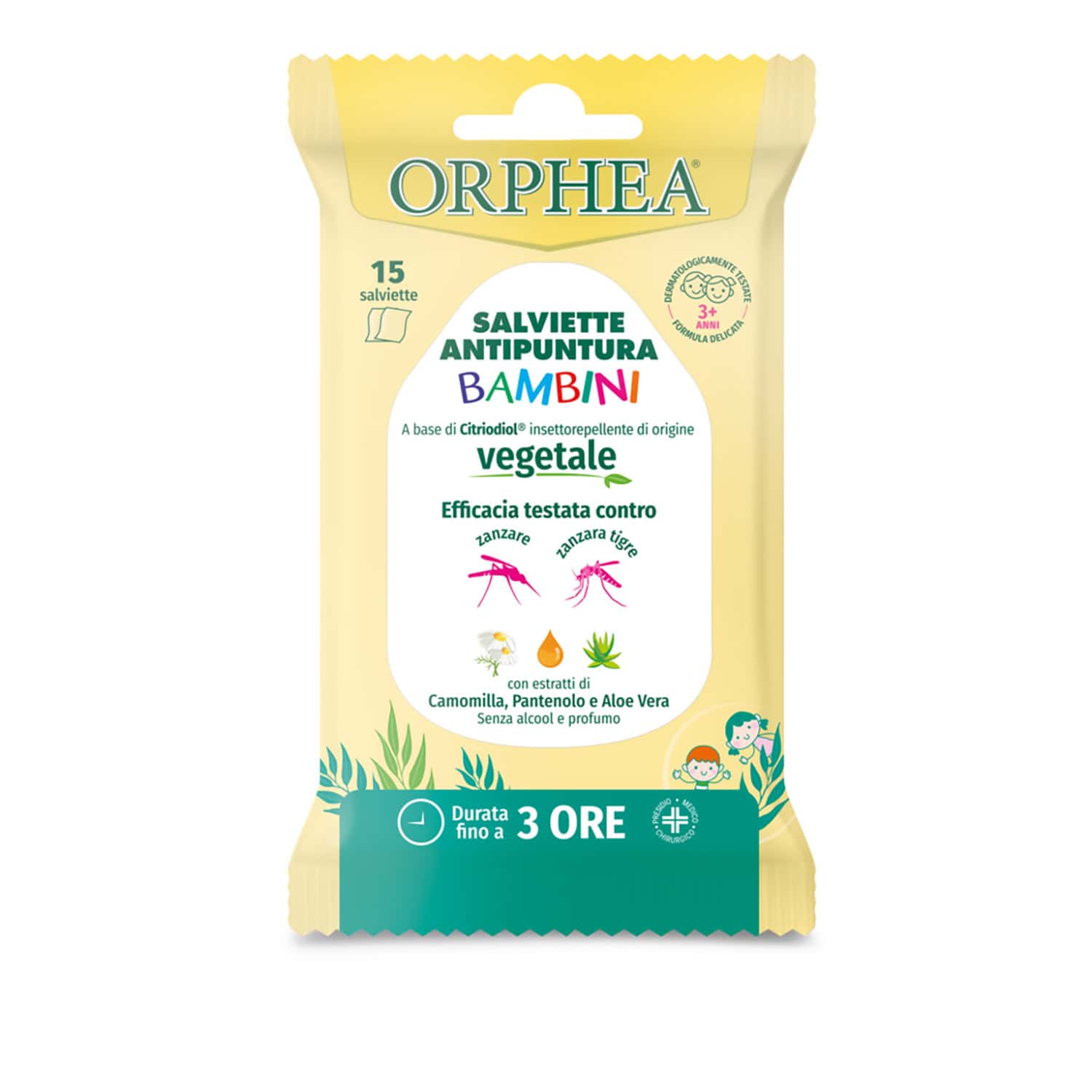 Salviette Antipuntura Bambini, Protegge dalle Punture di Zanzare e Altri Insetti, Senza Ammoniaca e Alcool, 15pz,Orphea