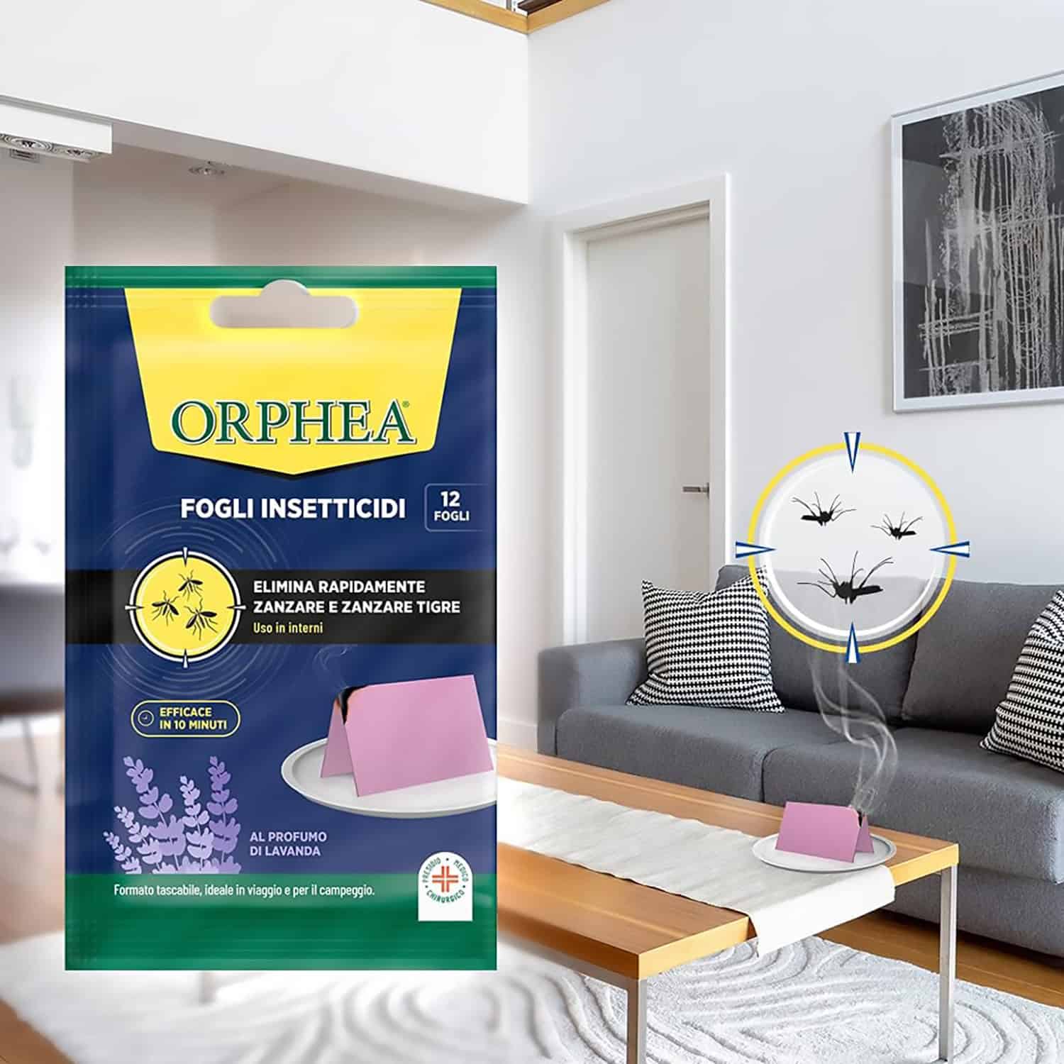 Zanzaricida, Elimina Zanzare e Zanzare Tigre, Efficace in 15 minuti, Uso Interni e in Viaggio, Lavanda,12 Fogli, Orphea