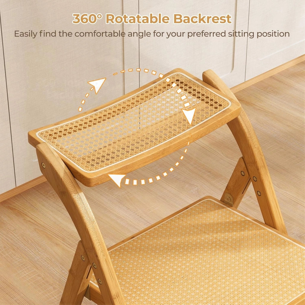 Set di 2 sedie da pranzo pieghevoli in rattan, sedie da cucina con telaio in bambù, schienale girevole a 360° e seduta larga, portata fino a 150 kg, per soggiorno, camera da letto, sala da