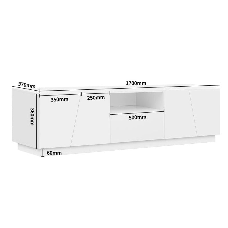 Mobile TV moderno 170x42x37 cm con 4 ante e 2 vani aperti in MDF bianco