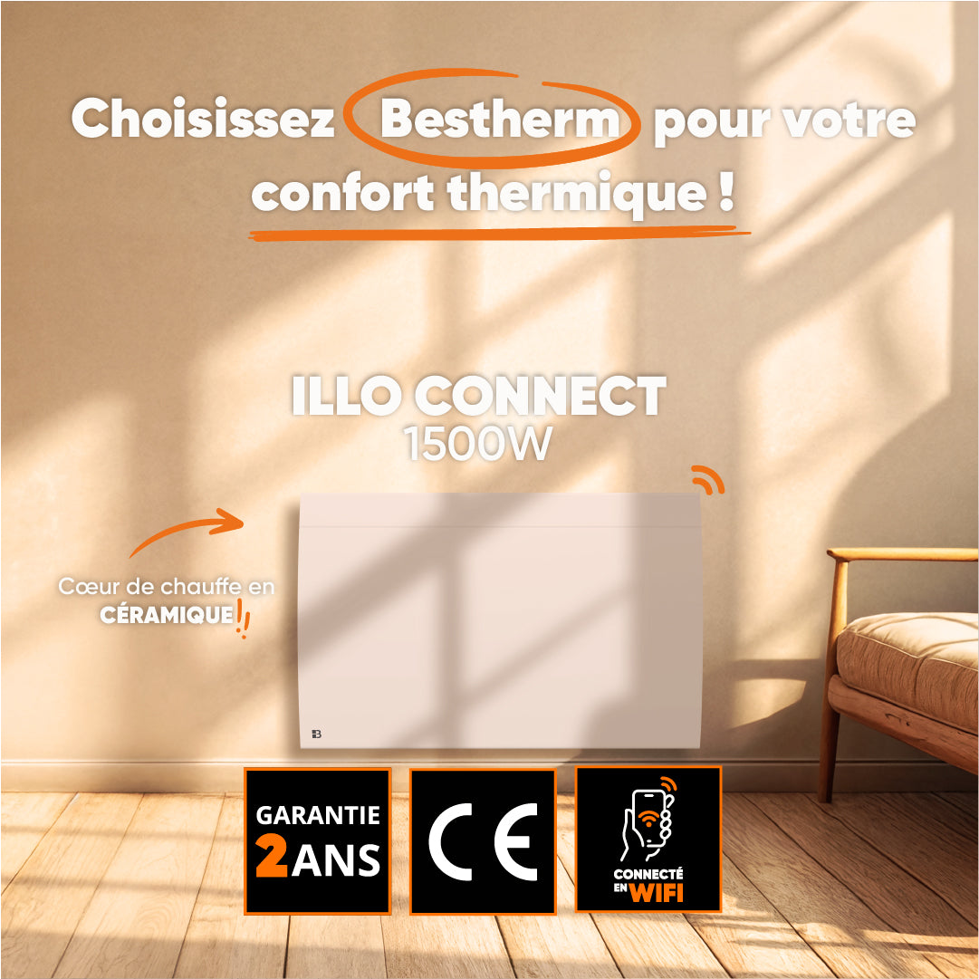 Radiatore elettrico fisso connesso WIFI con inerzia ceramica a secco 1500W ILLO CONNECT orizzontale bianco