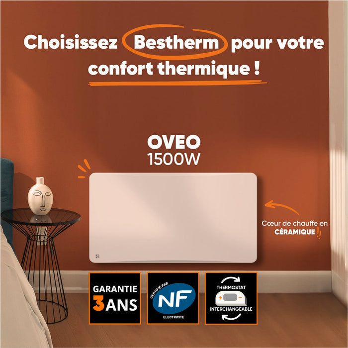 Radiatore elettrico fisso con inerzia ceramica a secco 1500W plug & play OVEO orizzontale bianco