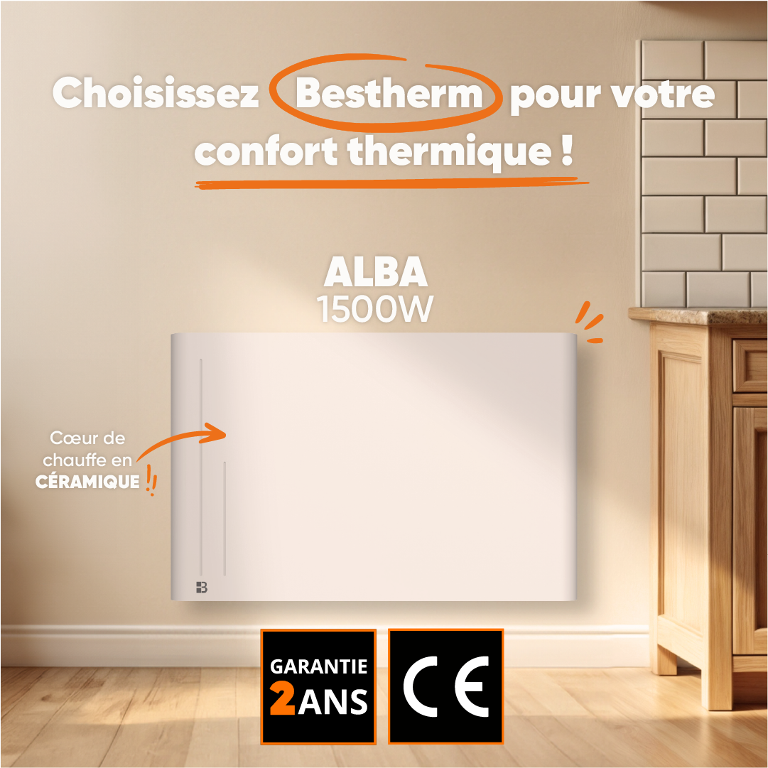 Radiatore elettrico fisso ad inerzia ceramica a secco 1500W ALBA orizzontale bianco