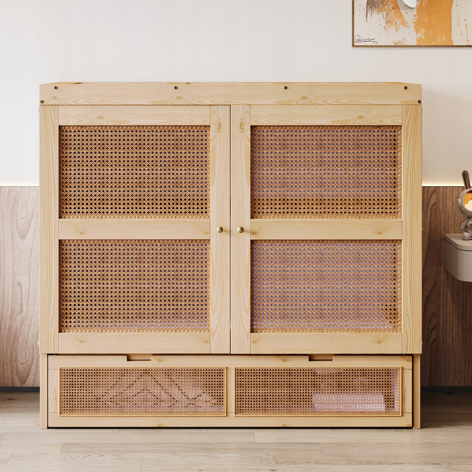 Letto armadio con cassetti - Xylo - 140x200 - Rattan, legno