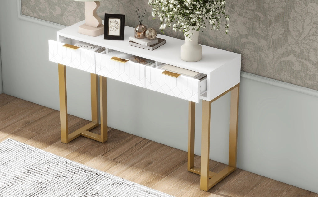 TAVOLO CONSOLLE con cassetti, bianco e oro, MDF