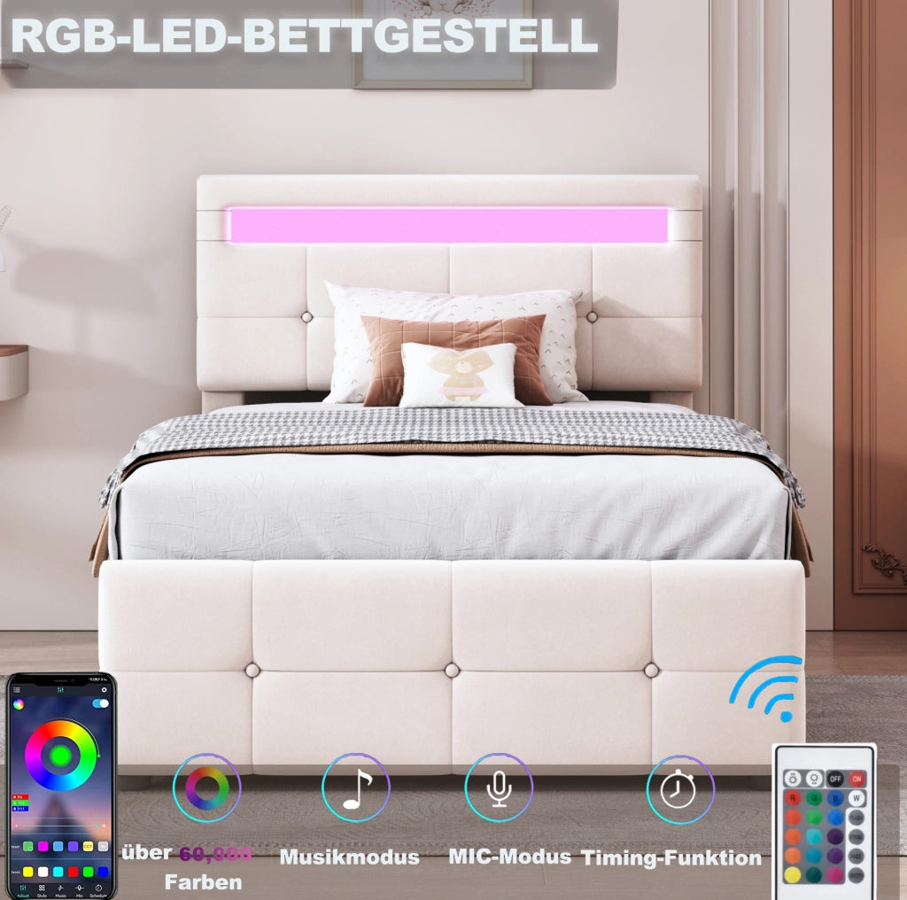 Letto imbottito singolo 90x200 cm con LED e contenitore beige