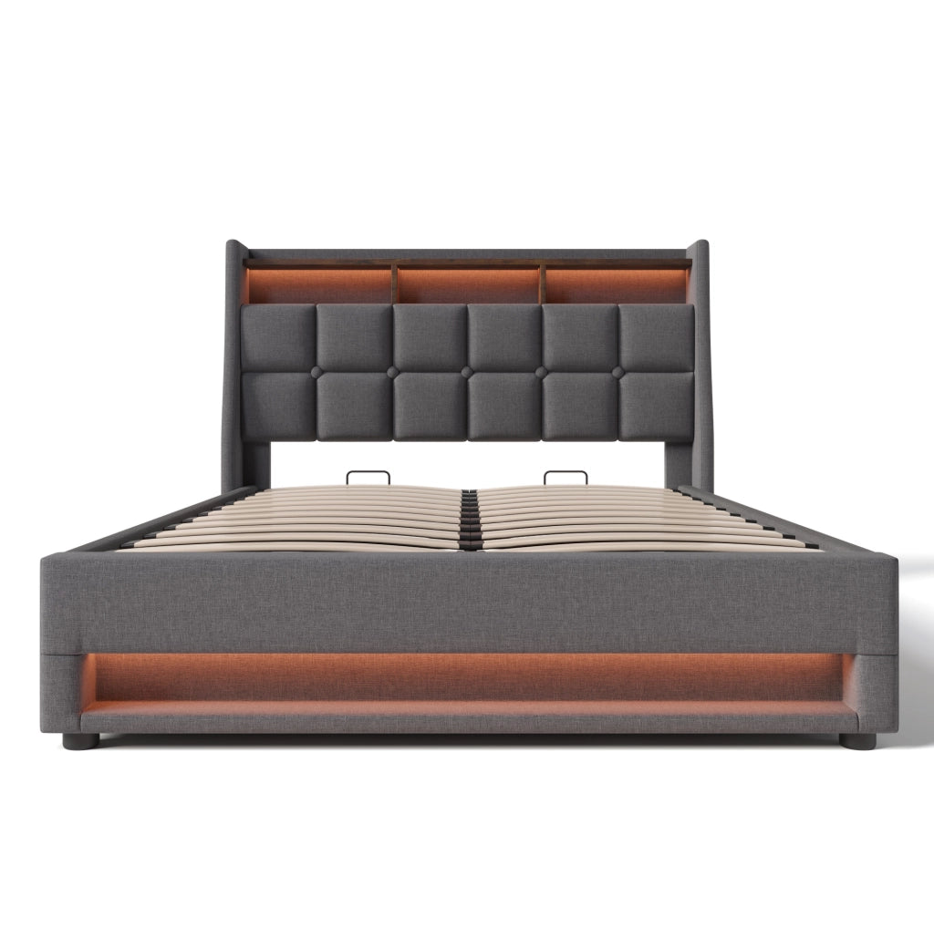 Letto matrimoniale imbottito 160x200 cm con LED e USB; in tessuto effetto lino grigio
