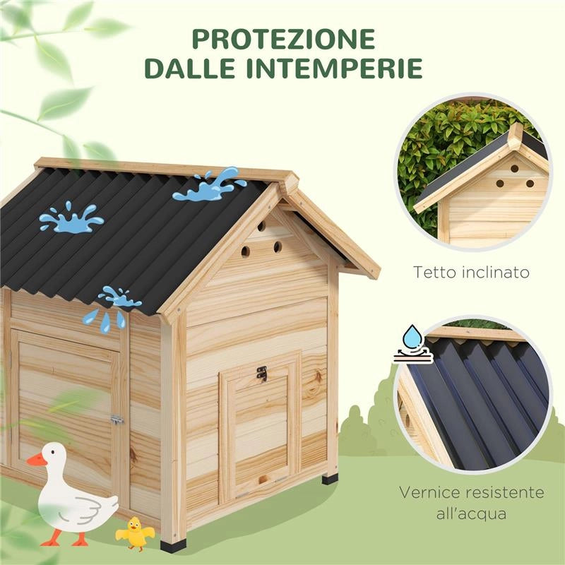 CASETTA PER ANATRE DA ESTERNO CON RAMPA, FONDO RIMOVIBILE E FORI DI VENTILAZIONE, 78X90X92 CM, LEGNO