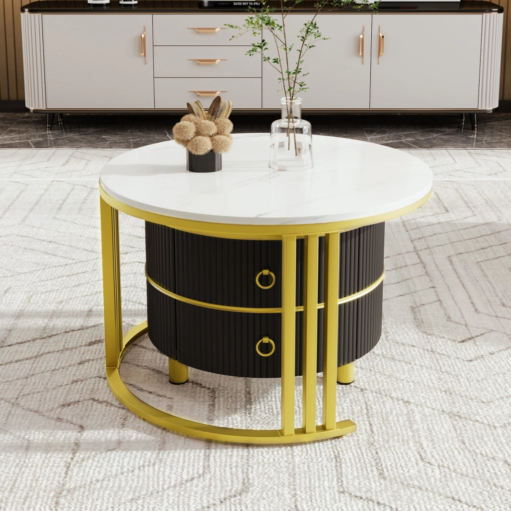 Tavolini da caffè rotondi 70x70x46 cm e 50x50x40 cm; piano lucido con effetto marmo; MDF nero