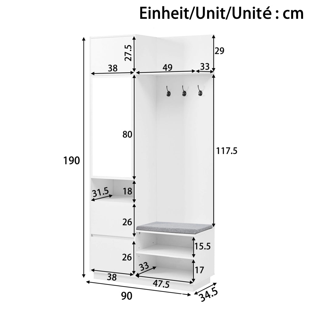 Mobile Ingresso con Specchio e Panca; Scarpiera con Ganci; Cassetti e Ripiani; Stile Moderno; in MDF; Bianco; 90??34;5??190 cm