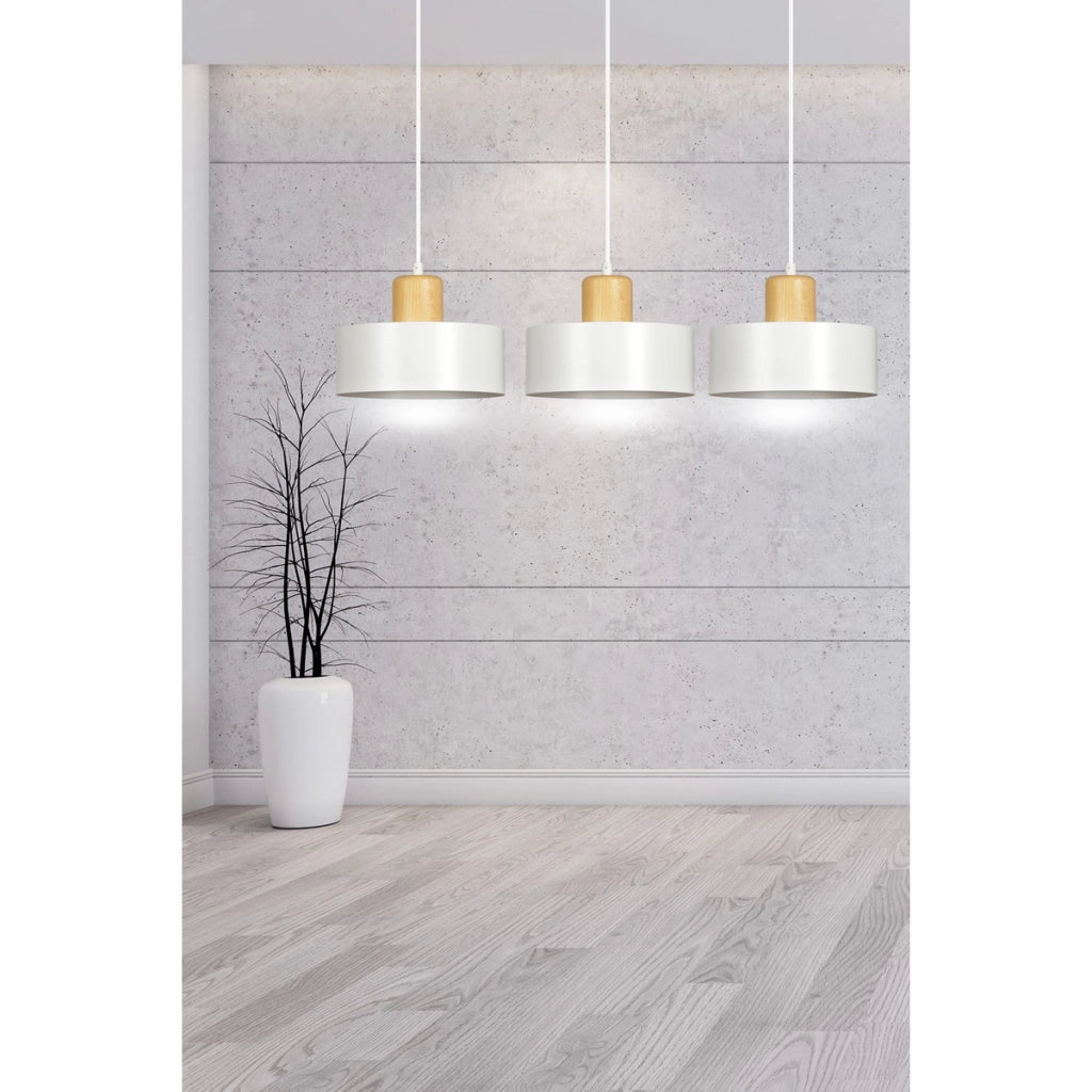 Lampada a sospensione Torin in acciaio bianco e legno naturale