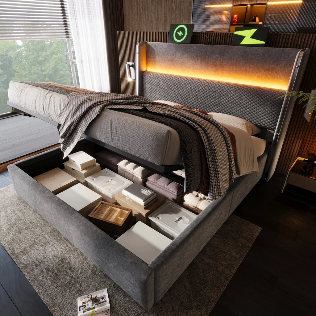 Letto matrimoniale con contenitore 180x200 cm in lino grigio con testiera alta; LED e USB/Type-C