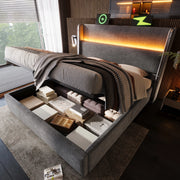 Letto matrimoniale con contenitore 180x200 cm in lino grigio con testiera alta; LED e USB/Type-C