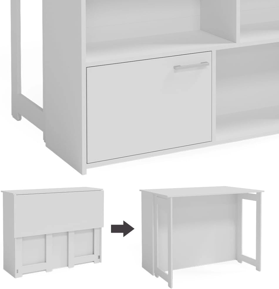 Tavolo bar alto Dominic, Bianco, 116 x 37 cm 4x scomparti aperti e 1x porta, piano del tavolo pieghevole per un utilizzo flessibile in spazi ridotti