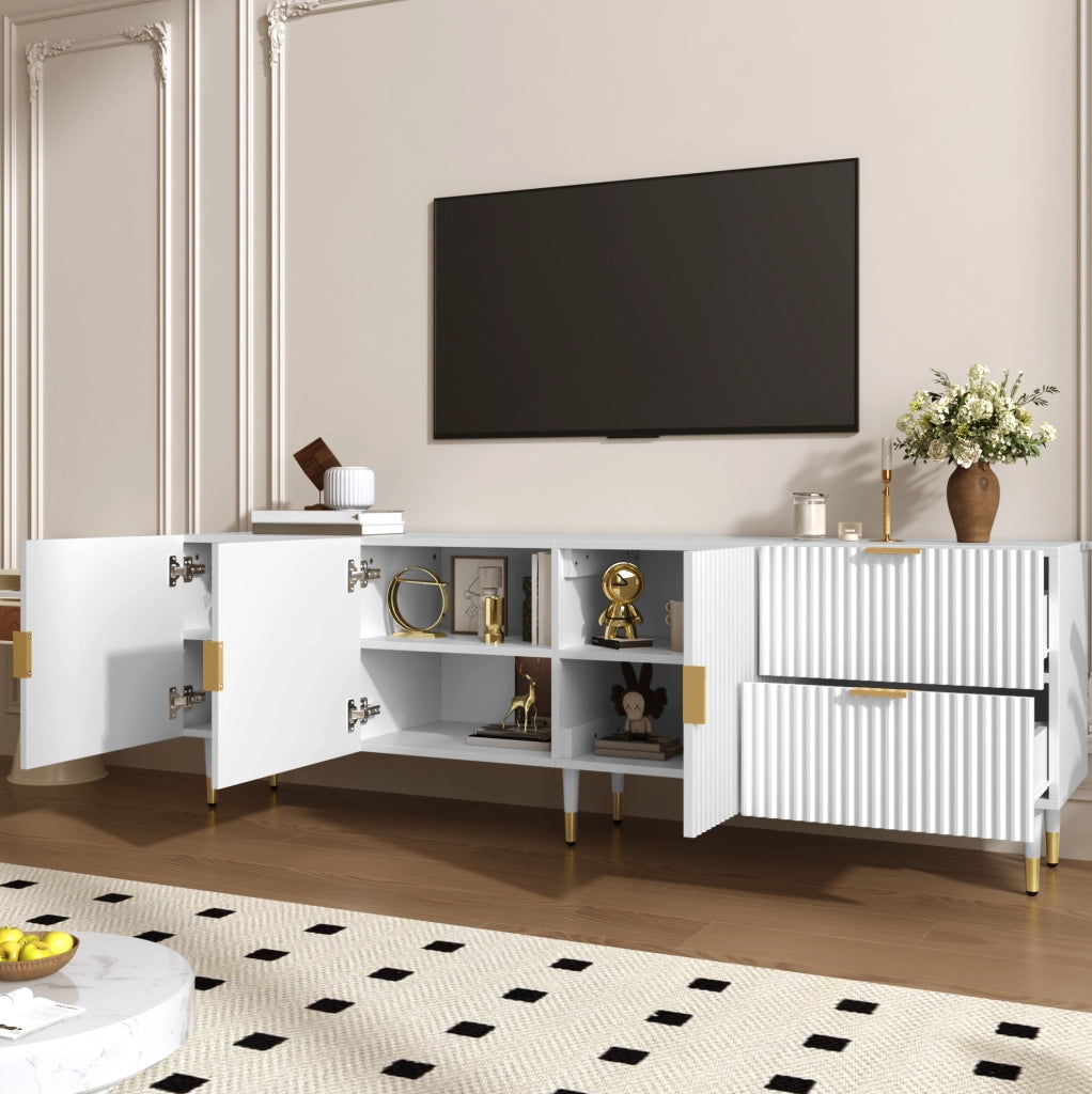 Mobile TV bianco 170 cm a 3 ante con cassetti, piedini regolabili e dettagli oro