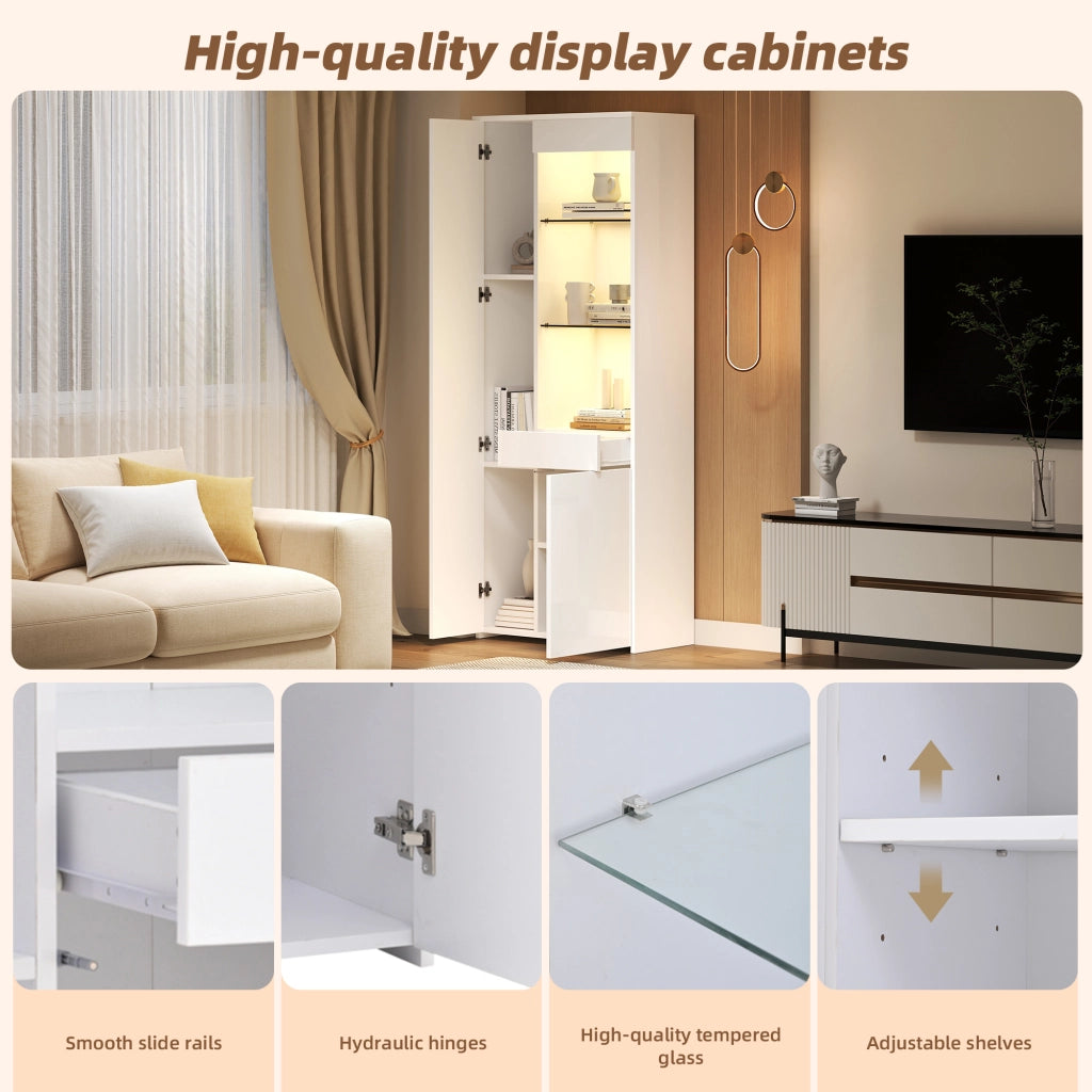 Vetrina con 2 ante, 1 cassetto e vani aperti con LED per soggiorno, in truciolato e vetro, bianco, 70 × 35 × 180 cm