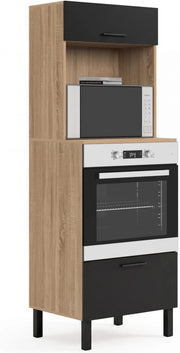 CINA Armadio forno/microonde a colonna da 60 cm a 2 porte, nero e faggio