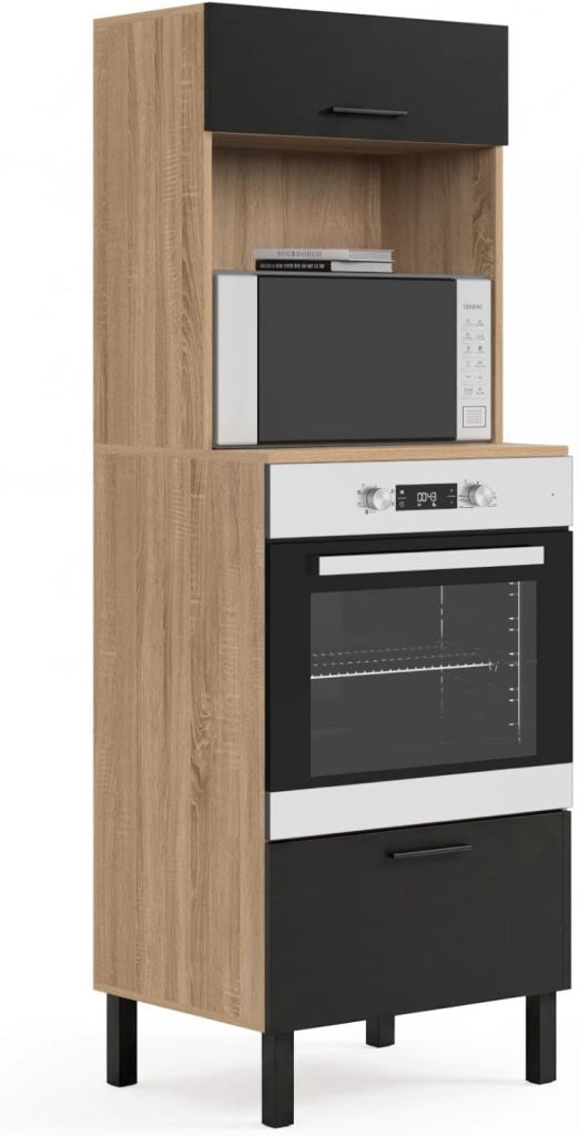 CINA Armadio forno/microonde a colonna da 60 cm a 2 porte, nero e faggio