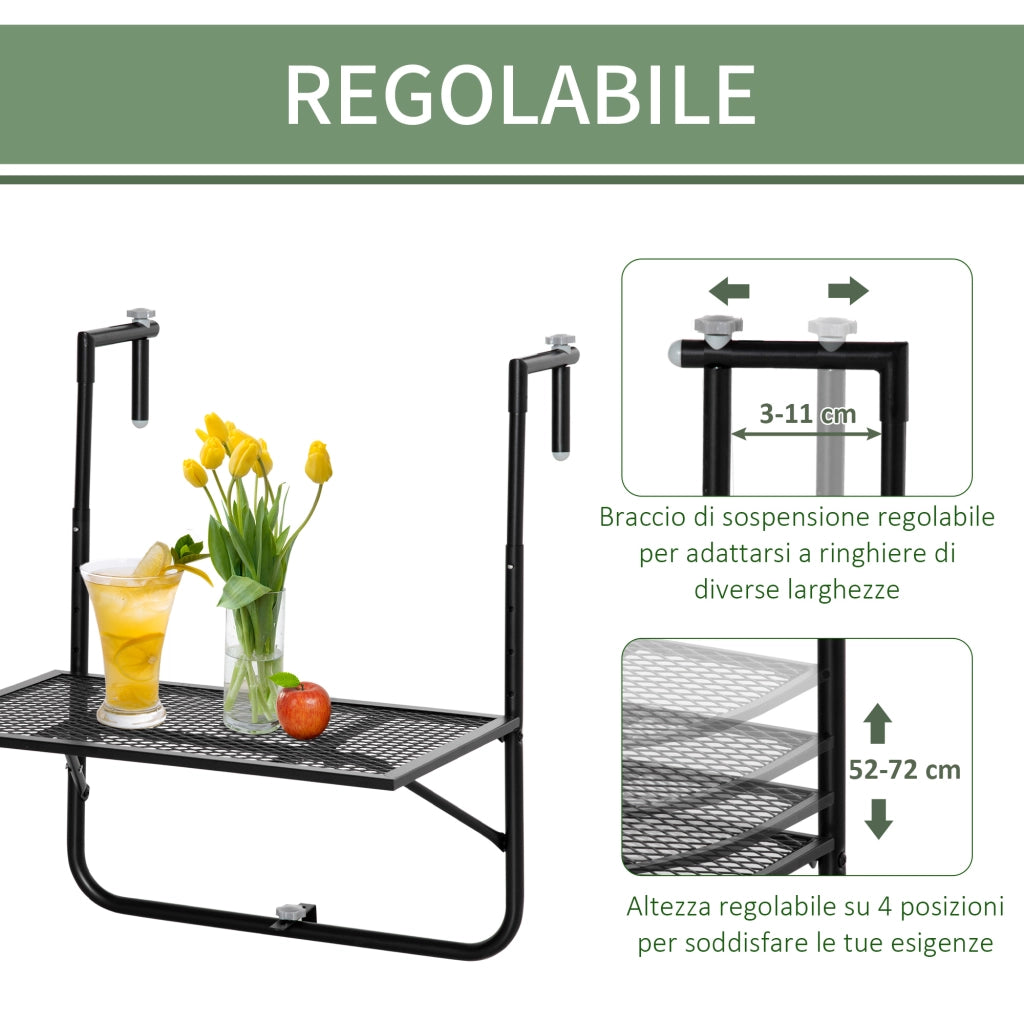 Tavolo da Ringhiera Pieghevole e Regolabile in Metallo, 60x60x57-72cm, Nero