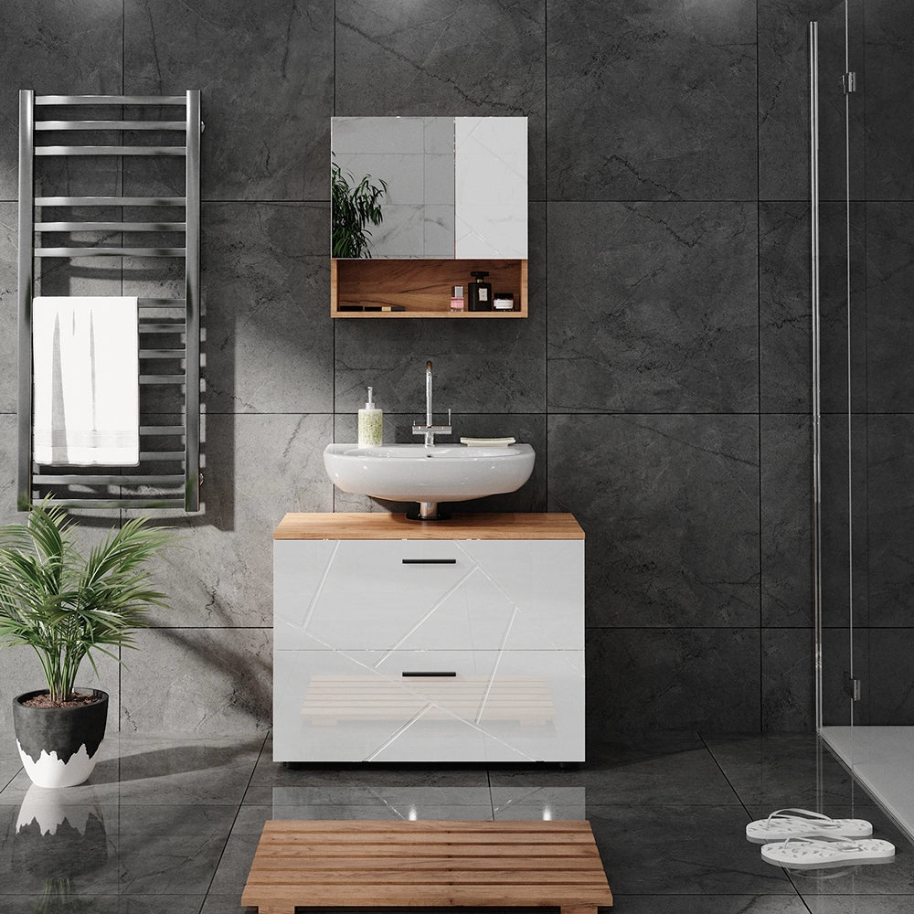 Vicco Set di mobili da bagno Bianco lucido/oro power oak 2 parti