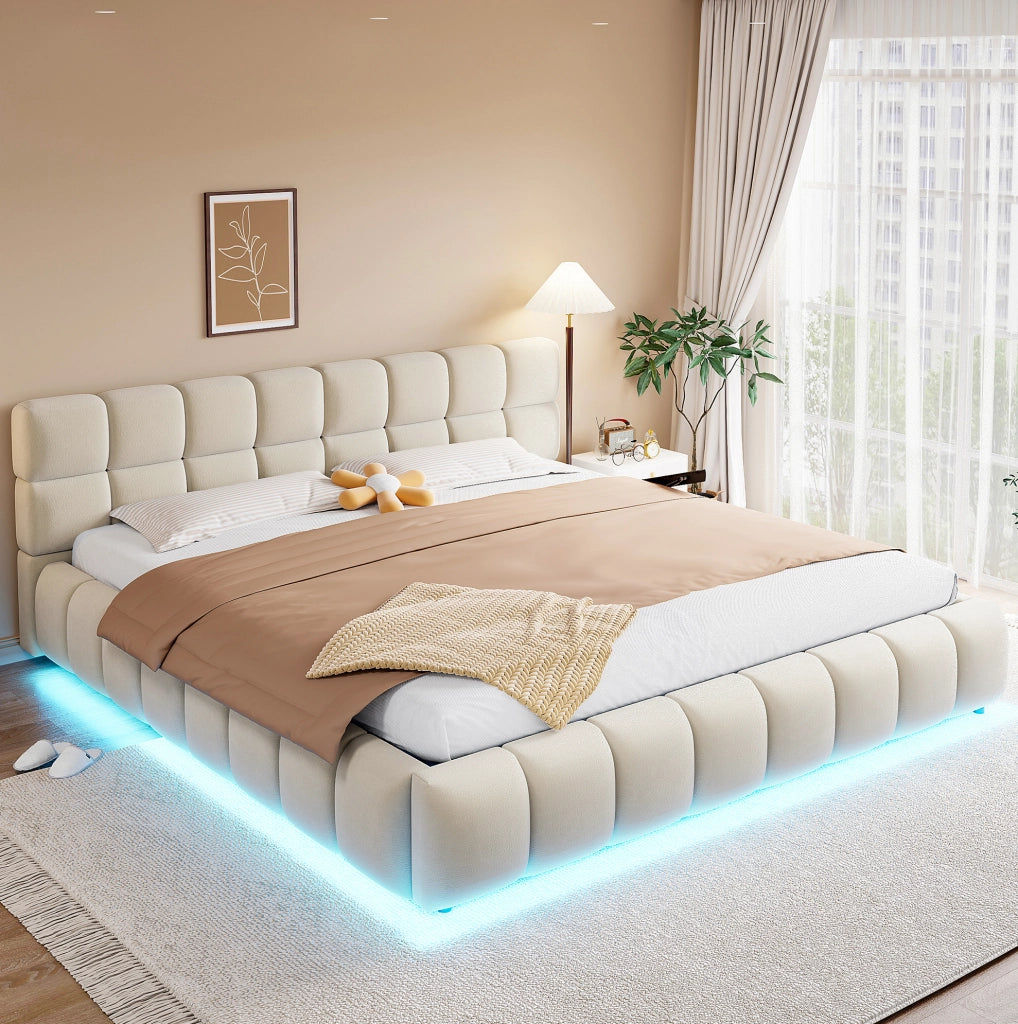 Letto matrimoniale imbottito 180x200 cm in velluto beige con contenitore idraulico e LED