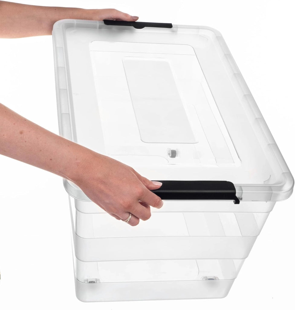 - Scatola portaoggetti con coperchio, scatola per giocattoli, robusto contenitore in plastica, scatola di conservazione con chiusura a scatto, contenitore (Nero, 55 L)