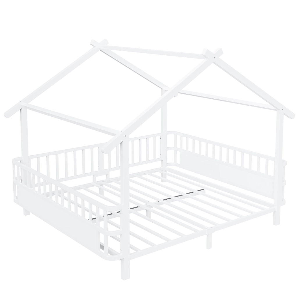 Letto per bambini in metallo a forma di casa 140 x 200 cm con sponde di sicurezza, design a tetto, colore bianco