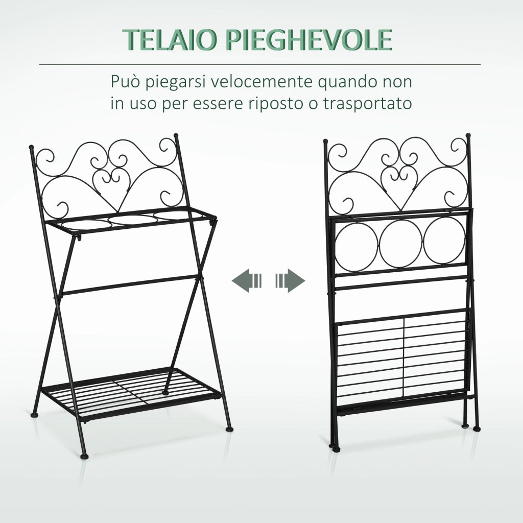 Portapiante Pieghevole in Metallo con 3 Vasi ¨C Zephmum ¨C Nero 47x37x78.5 cm