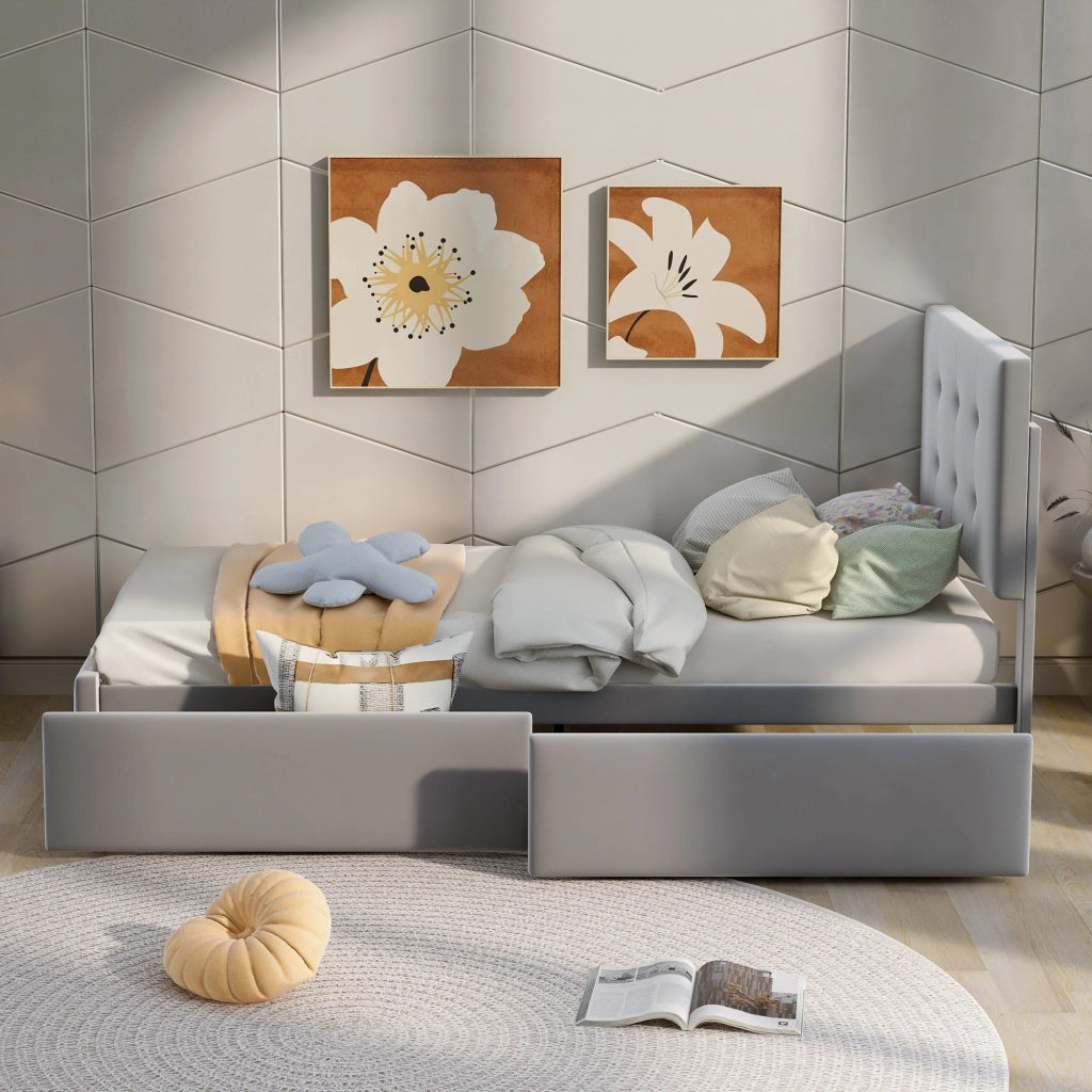OKWISH Letto con Cassetto 90×200 cm, Letto Singolo con Cassetto, Testiera Regolabile e Rivestimento in Velluto, senza Materasso, Grigio