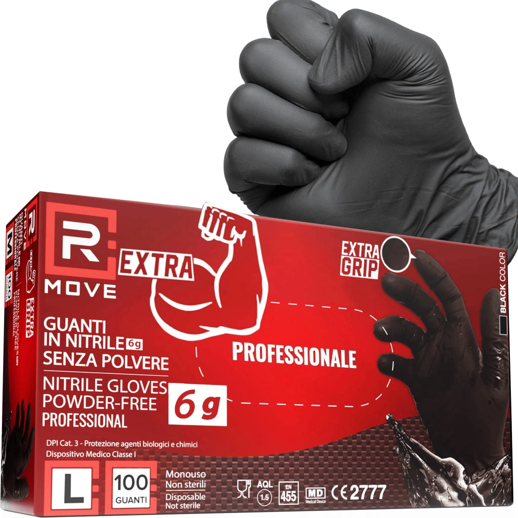 100 guanti in Nitrile NERI 6 grammi EXTRA RESISTENTI 60% di SPESSORE in più al dito rispetto al 3,5 gr NO polvere NO lattice per Meccanici, Tatuatori, Ristorazione, Guanti monouso (L)