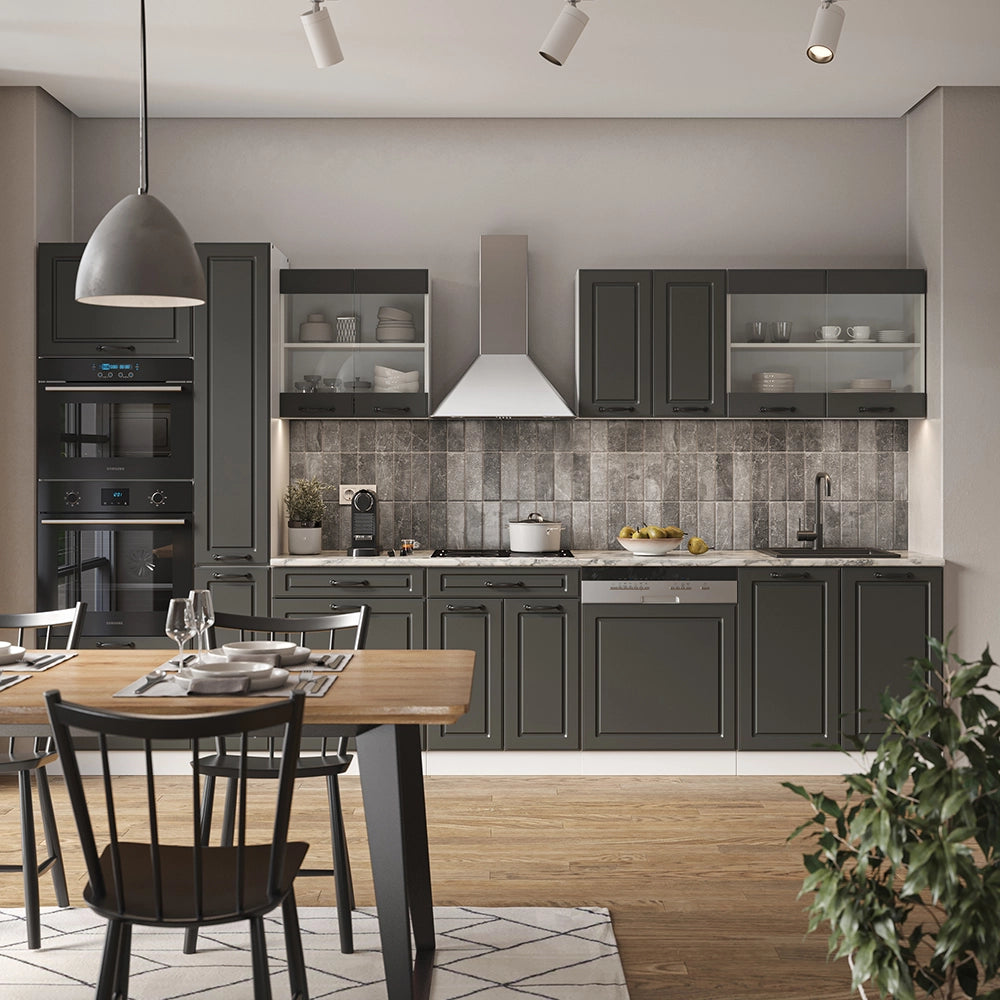 Mobile da cucina R-Line Antracite rustico/Bianco 350 cm con armadio alto, PL Rovere Vicco