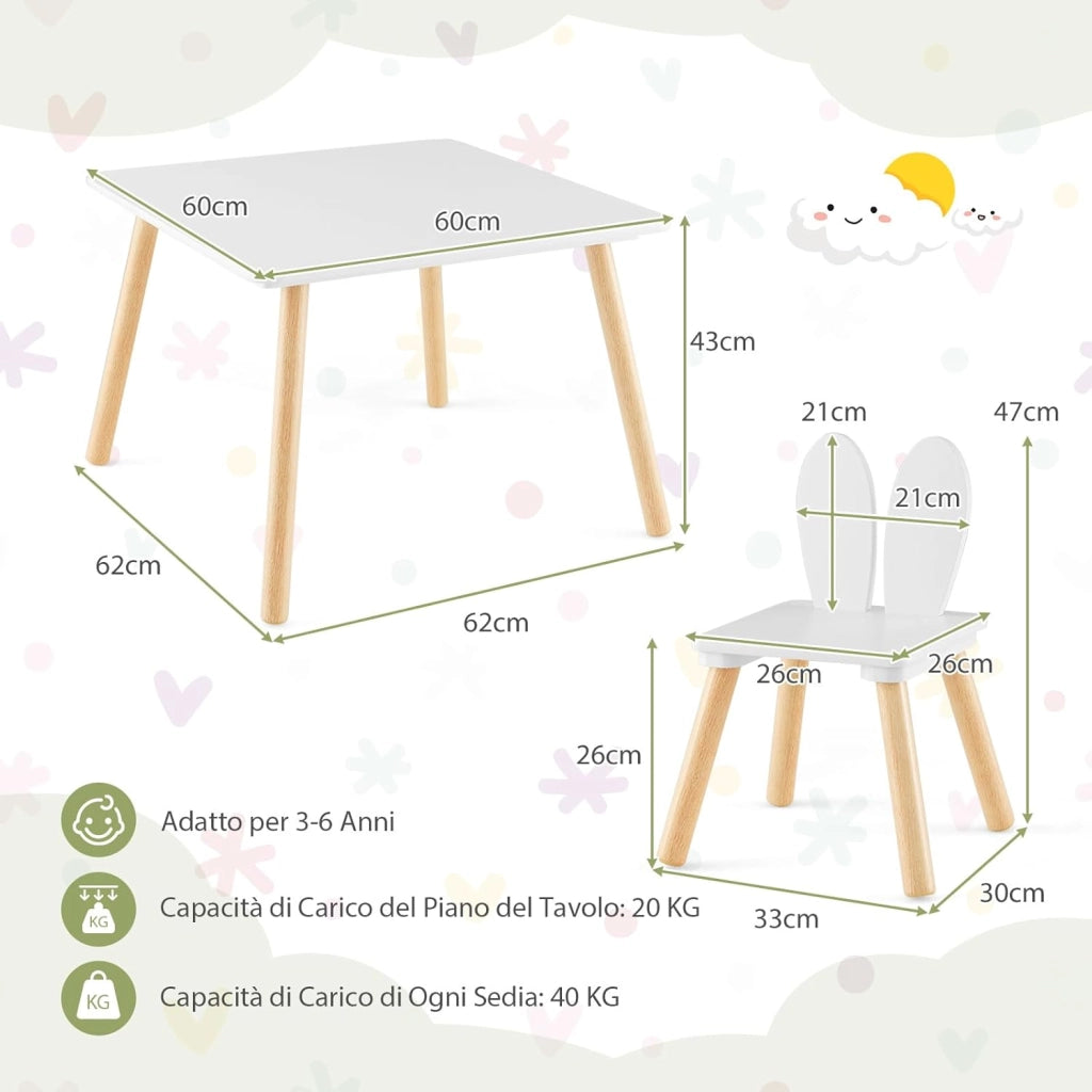 Set Tavolo e 2 Sedie per Bambini 3-6 Anni, Sedie Ergonomiche in Legno con Schienali a Forma di Orecchie di Coniglio, Portata 40kg, Salvaspazio, Ideale per Gioco e Disegno (Bianco)