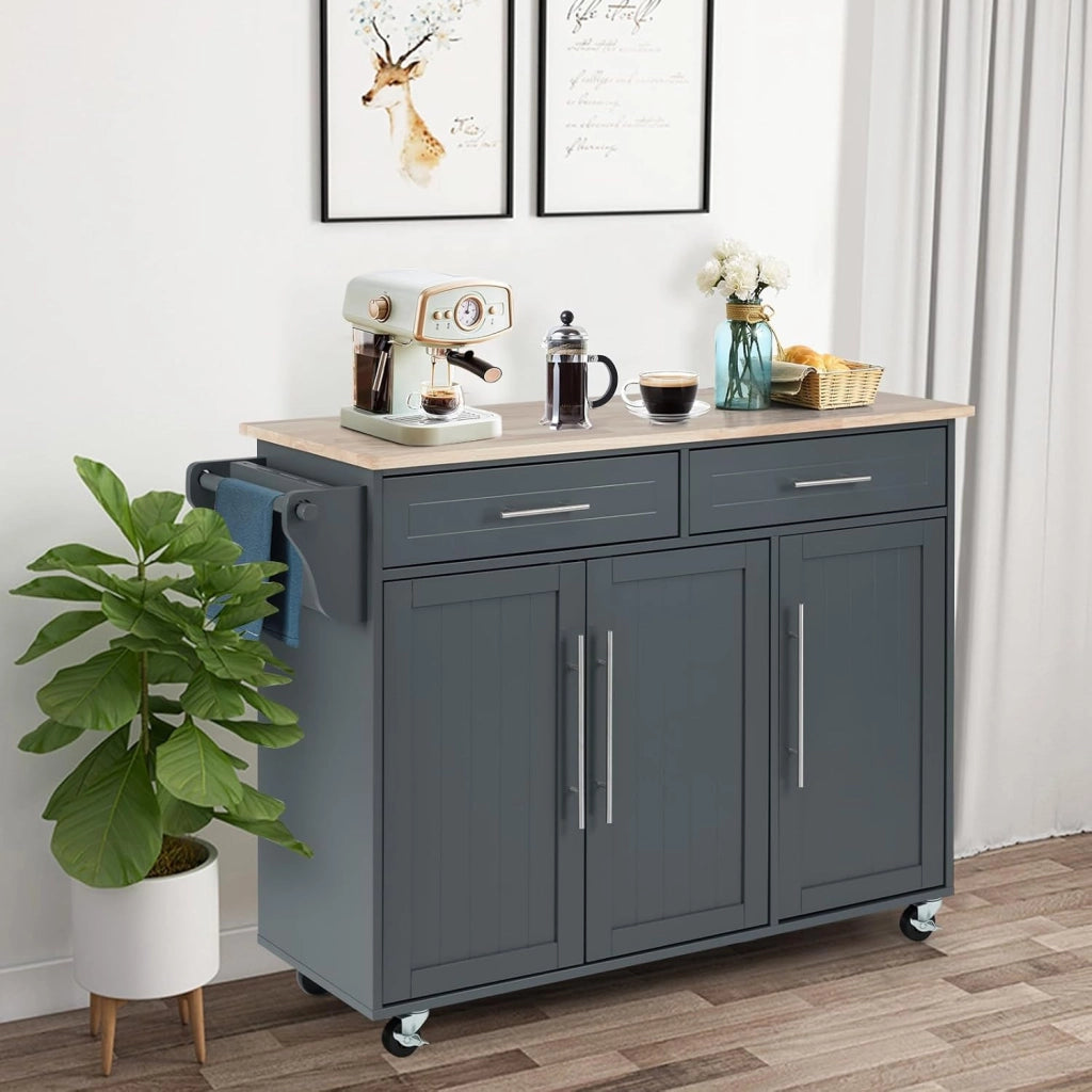 Carrello da Cucina, Carrello di Servizio con Ruote e Maniglia, 3 Ante e 2 Cassetti, Ideale per Cucina Ristorante Bar, 122x46x92,3 cm (Grigio)