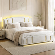 Letto 140x200 cm con contenitore idraulico e LED in velluto beige