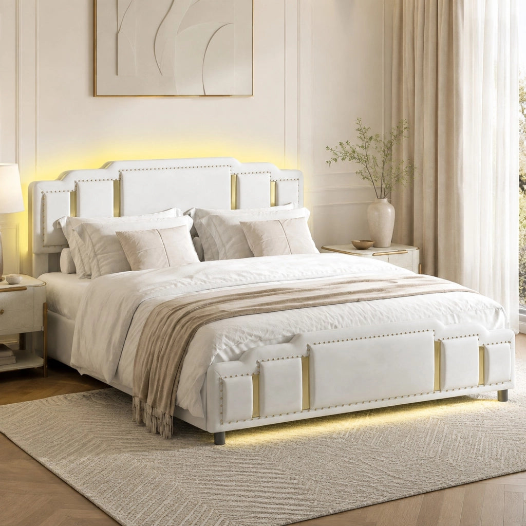 Letto 140x200 cm con contenitore idraulico e LED in velluto beige