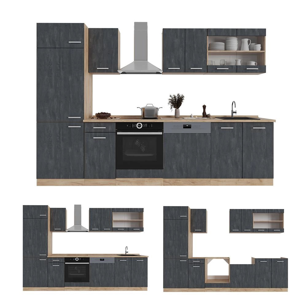 Cucina componibile R-Line Calce nera/Rovere dorato 300 cm senza piano di lavoro Vicco