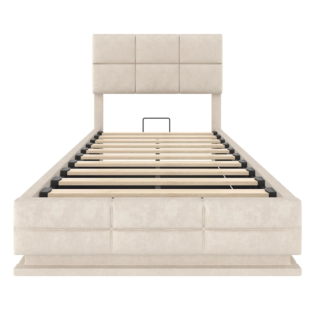 Letto 90x200cm imbottito - Xylo - velluto beige USB idraulico LED
