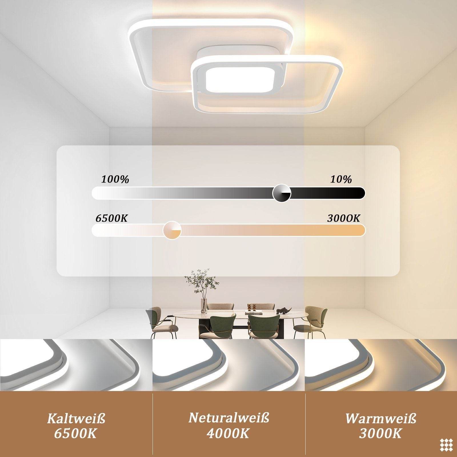 ZMH Lampada da soffitto LED Bianco 48W Quadrato  dimmerabile Classico con telecomando