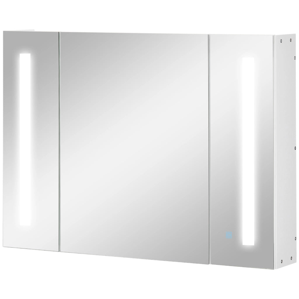 Armadietto Specchiera da Bagno con 3 Armadietti, 3 Ripiani e Luce LED, 90x15x65 cm, Bianco
