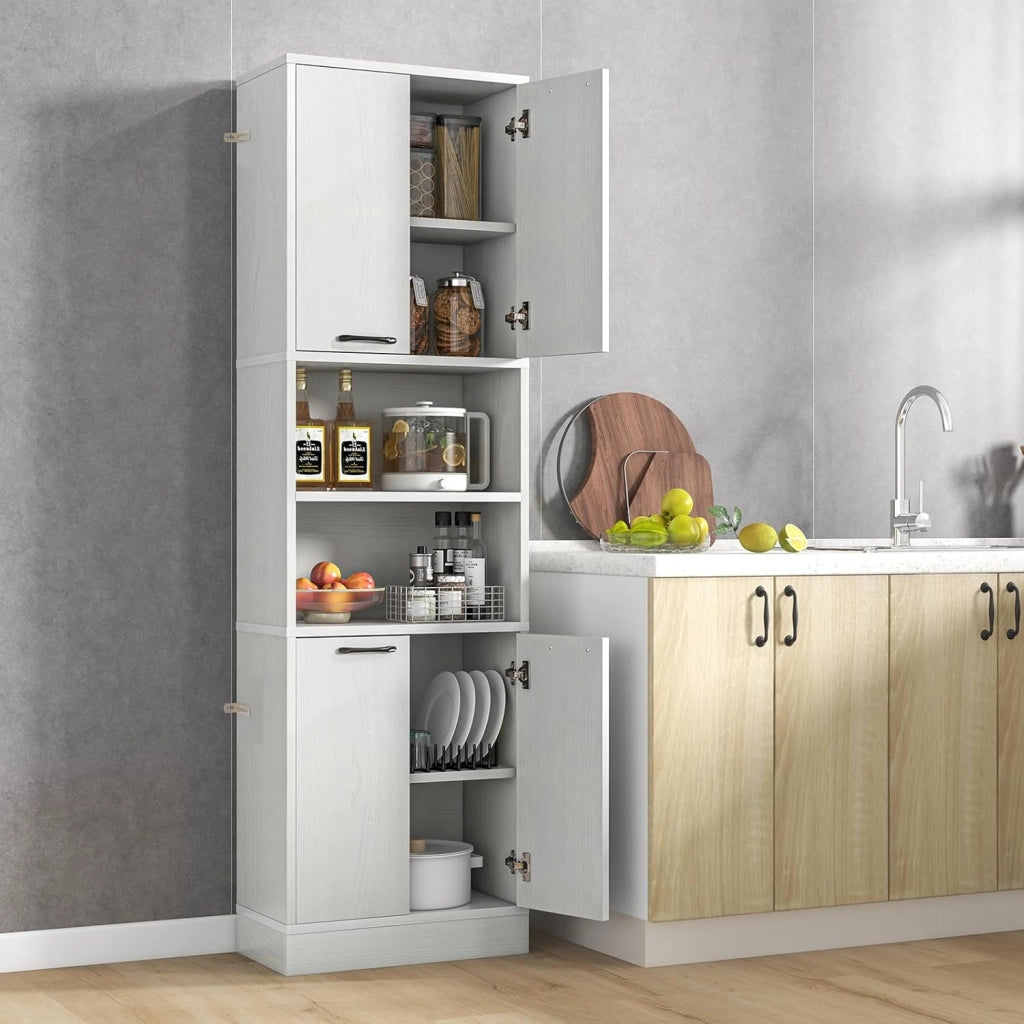 Credenza da Cucina Alto 190 cm, Mobile da Cucina con 4 Ante, 2 Scomparti Aperti, Madia Soggiorno Moderna, 3 Colori, 30x56x190 cm