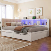 LETTO 140x200 cm con cassetti, ripiano, USB e LED, Legno di pino/MDF Bianco