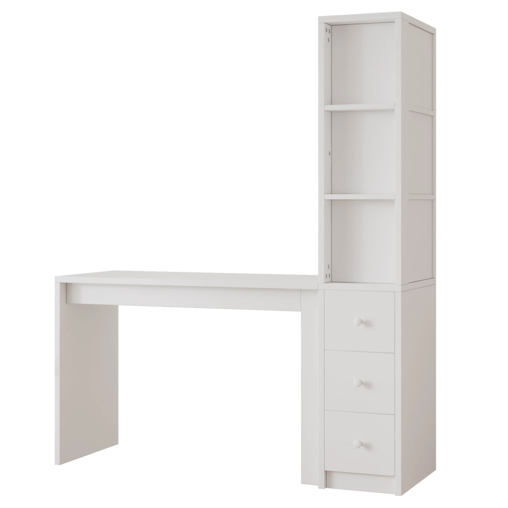 Scrivania bianca con libreria, 3 cassetti e vano laterale 150x50x180 cm