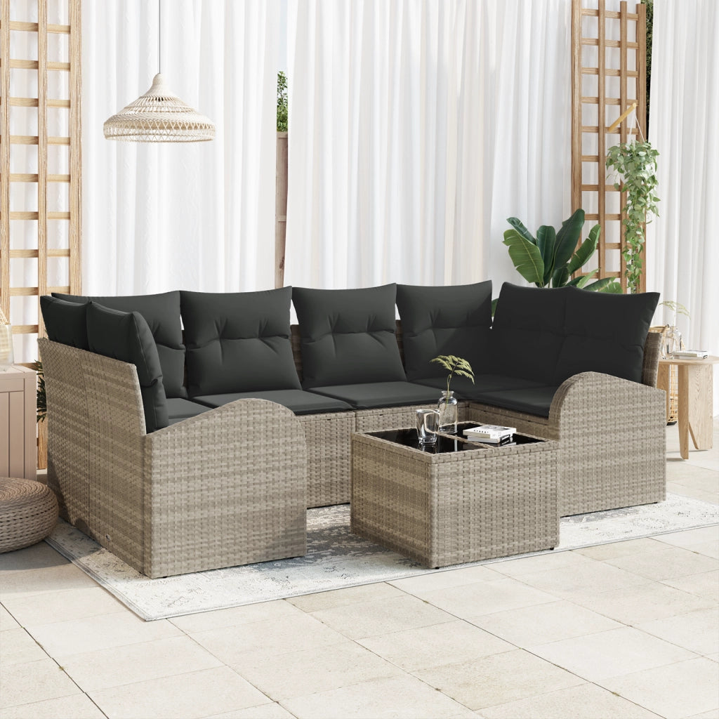 Set Divano da Giardino a 7 Pezzi con Cuscini Grigio Chiaro in Rattan Polimerico