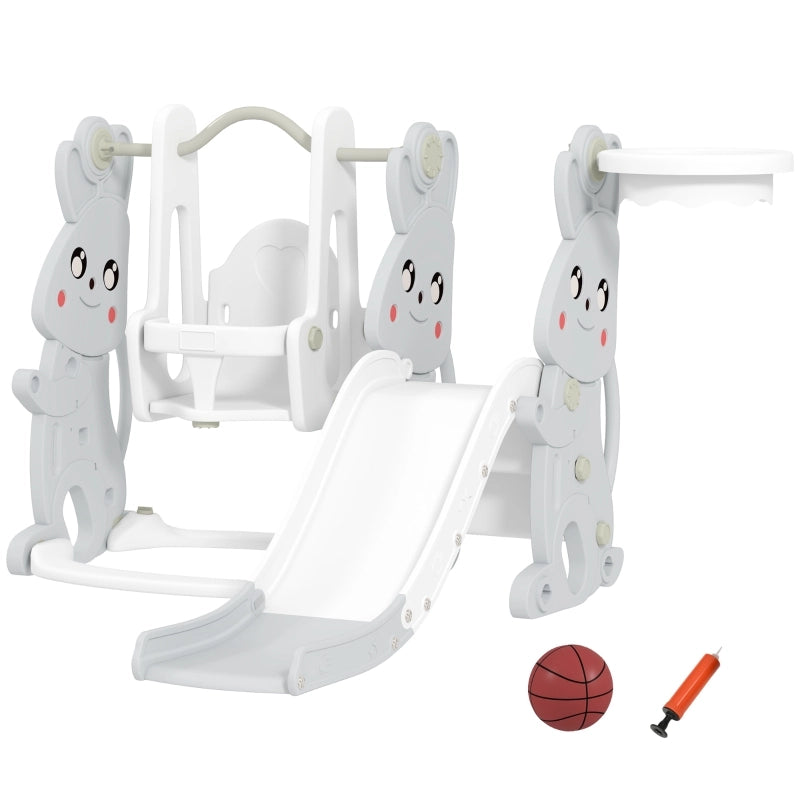 Set giochi 4 in 1 per bambini con scivolo, altalena, struttura da arrampicata e canestro, grigio